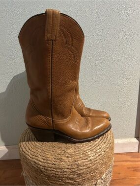 Double H Tan Leather Western Boots with Stitched Detail